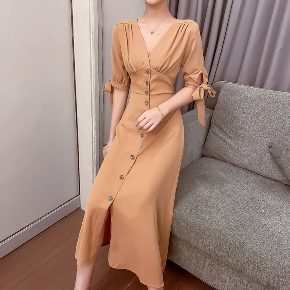 C050 Women Sexy Deep V neck Cotton Maxi Dress Short Sleeves Button Up Clothing - Picture 6 of 7